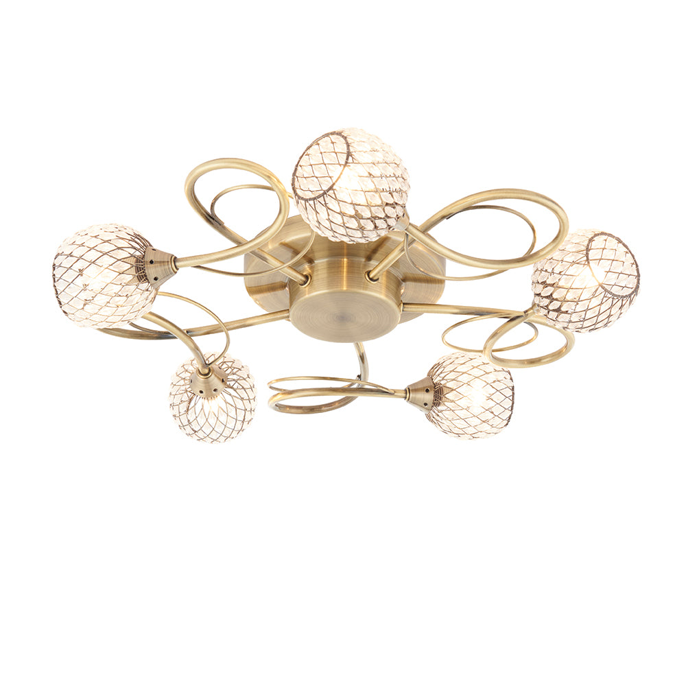 Endon Lighting 73757 Aherne 5Lt Semi Flush Antique Brass Plate With Clear Glass & Brass Wire