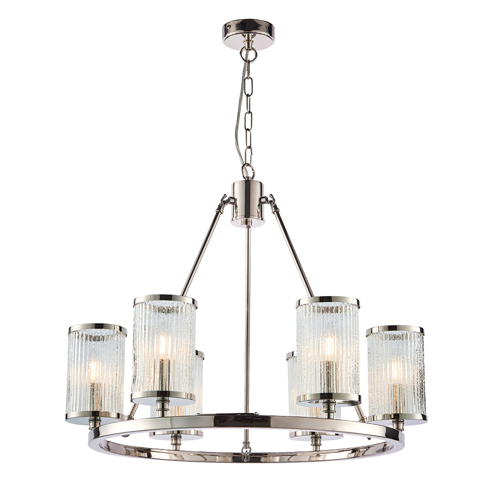Endon Lighting 74128 Easton 6Lt Pendant Bright Nickel Plate & Ribbed Bubble Glass