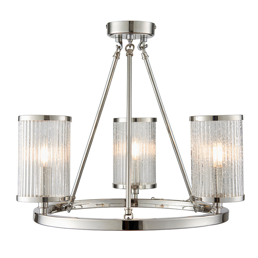 Endon Lighting 76261 Easton 3Lt Semi Flush Bright Nickel Plate & Ribbed Bubble Glass