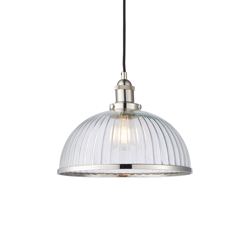 Endon Lighting 76713 Hansen 1Lt Pendant Bright Nickel Plate & Clear Ribbed Glass