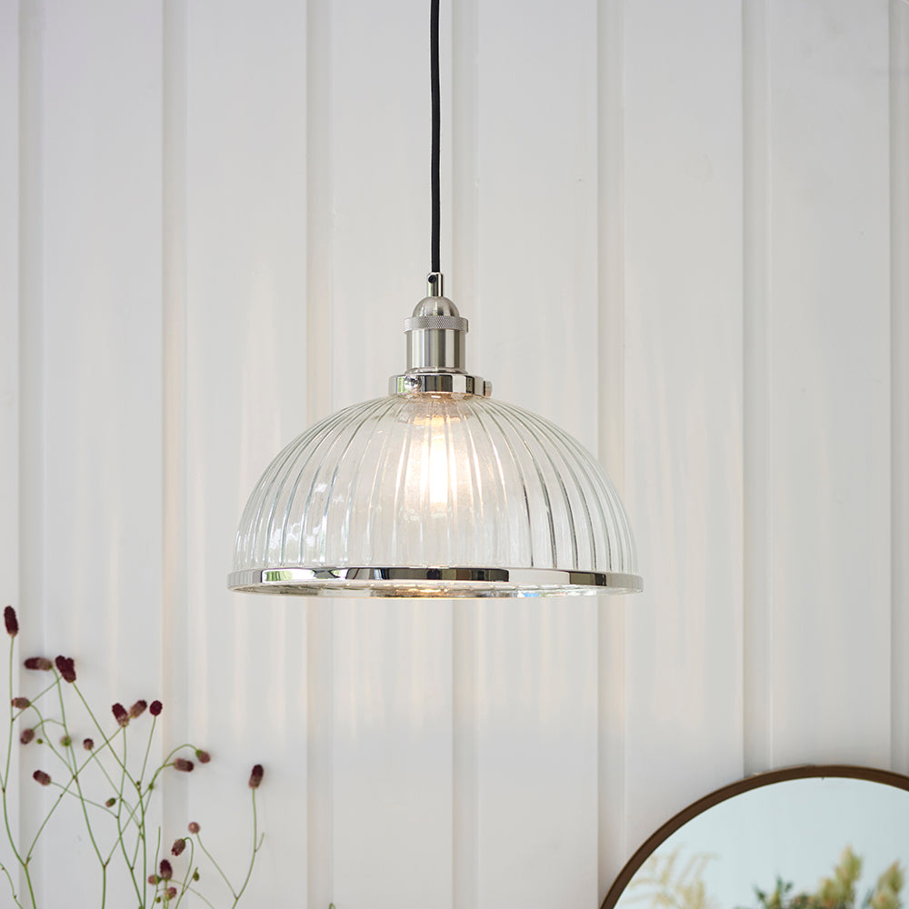 Endon Lighting 76713 Hansen 1Lt Pendant Bright Nickel Plate & Clear Ribbed Glass