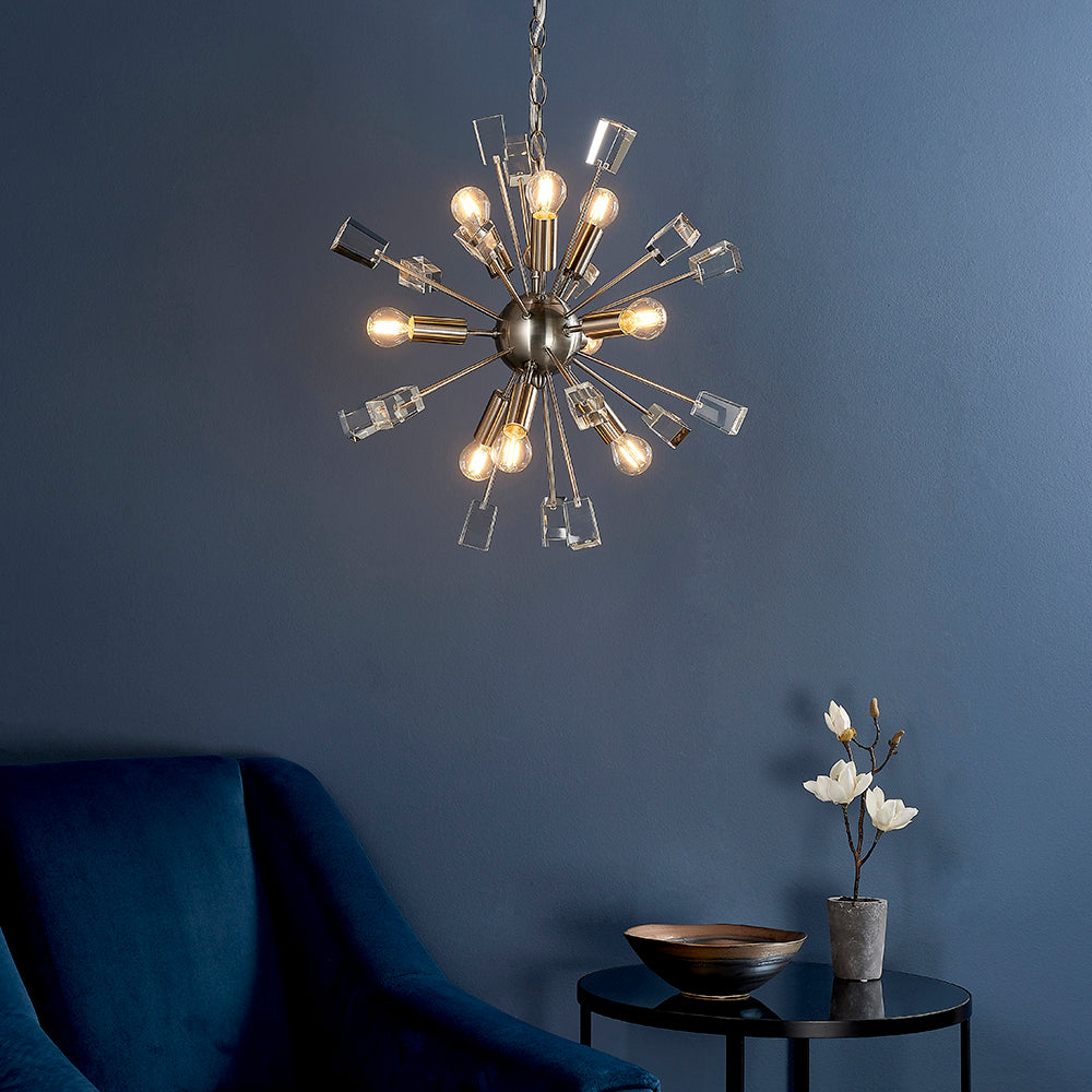 Endon Lighting 81917 Miro 9Lt Pendant Satin Nickel Plate & Clear Crystal