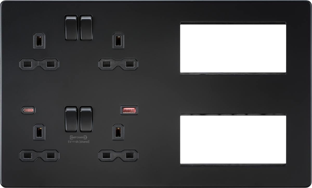 Screwless Combination Plate with Dual USB FASTCHARGE A+C - Matt Black