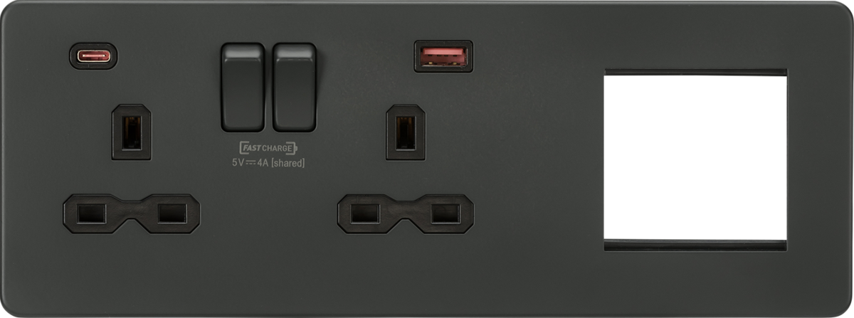 Screwless 13A 2G DP Socket with USB Fastcharge + 2G Modular Combination Plate - Anthracite