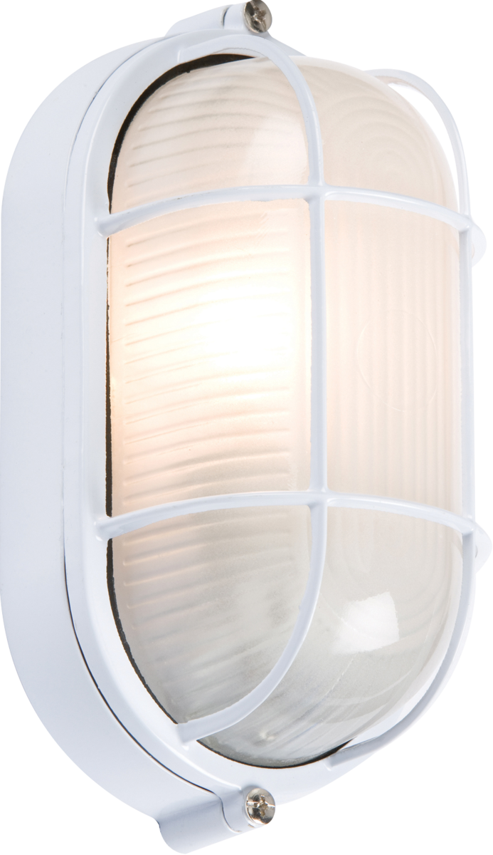 230V IP54 60W White Oval Bulkhead with Wire Guard and Glass Diffuser