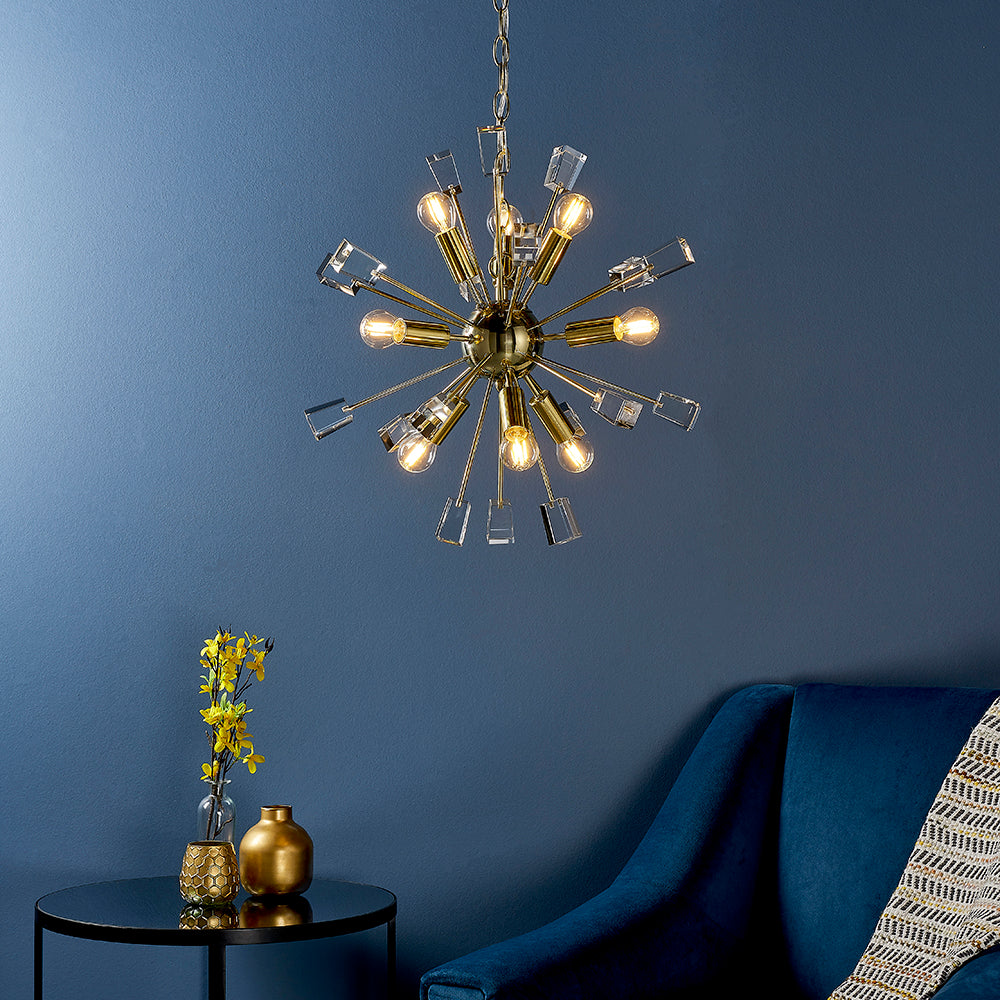 Endon Lighting 90293 Miro 9Lt Pendant Satin Brass Plate & Clear Crystal