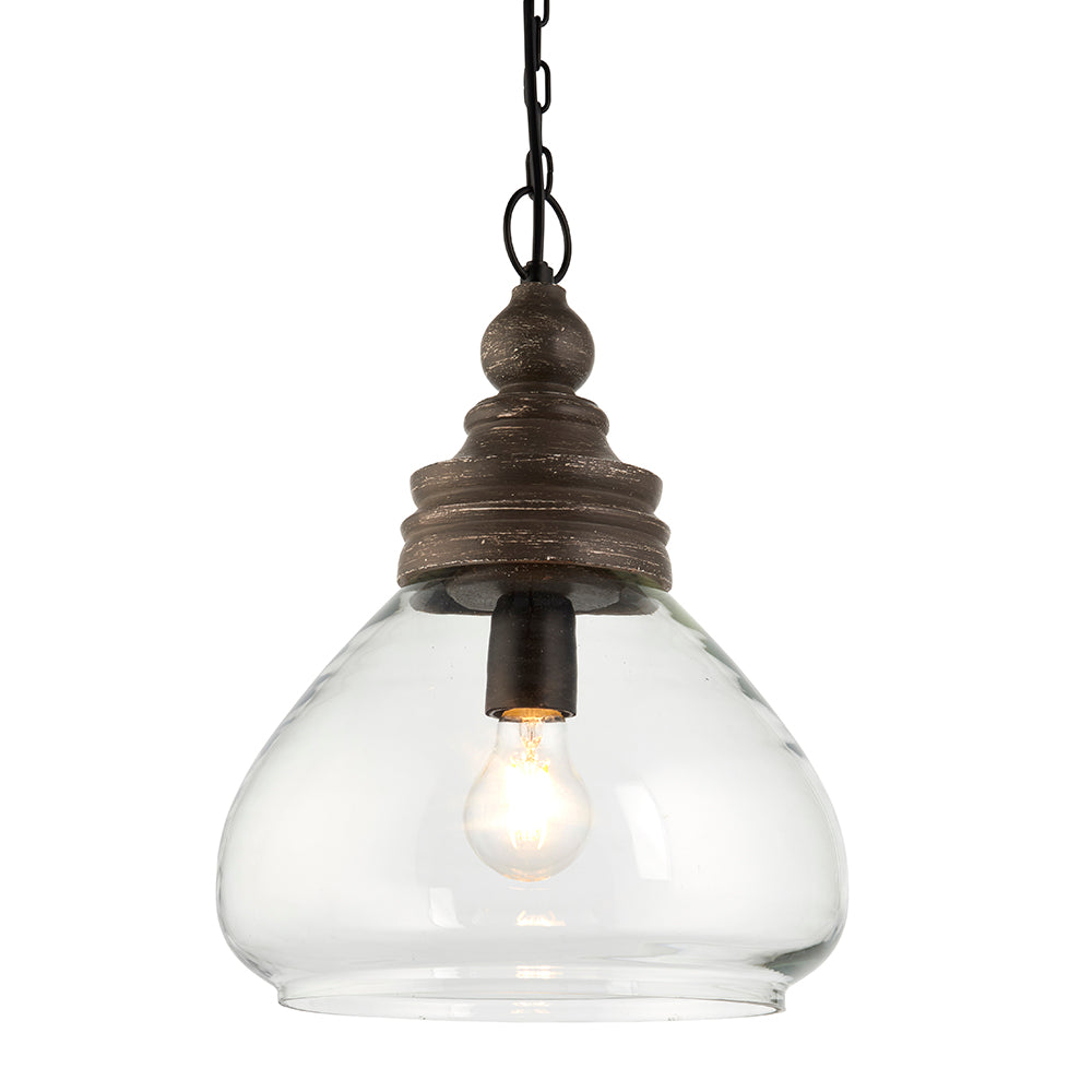 Endon Lighting 90575 Kerala 1Lt Pendant Taupe Grey Distressed Wood & Clear Glass