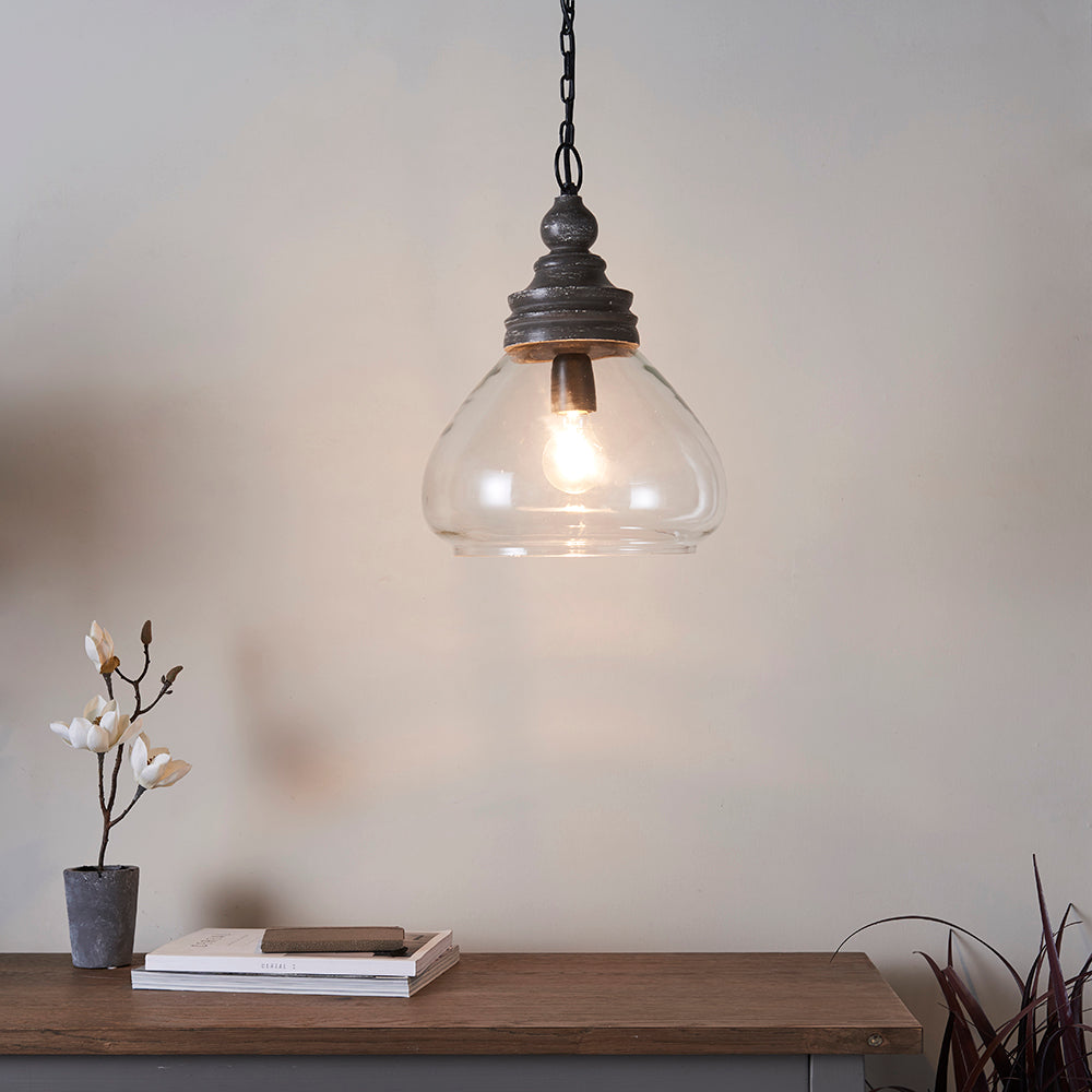 Endon Lighting 90575 Kerala 1Lt Pendant Taupe Grey Distressed Wood & Clear Glass