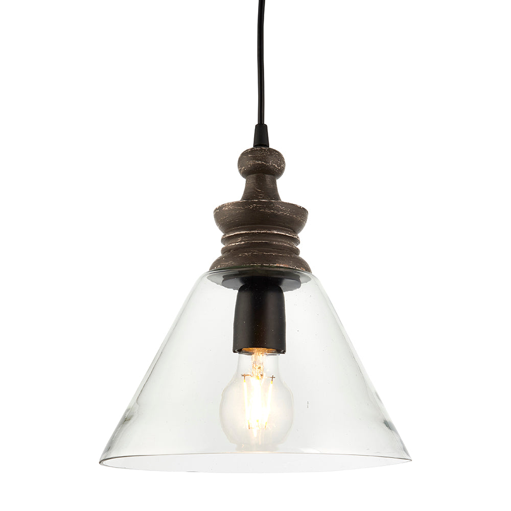 Endon Lighting 90576 Kerala 1Lt Pendant Taupe Grey Distressed Wood & Clear Glass