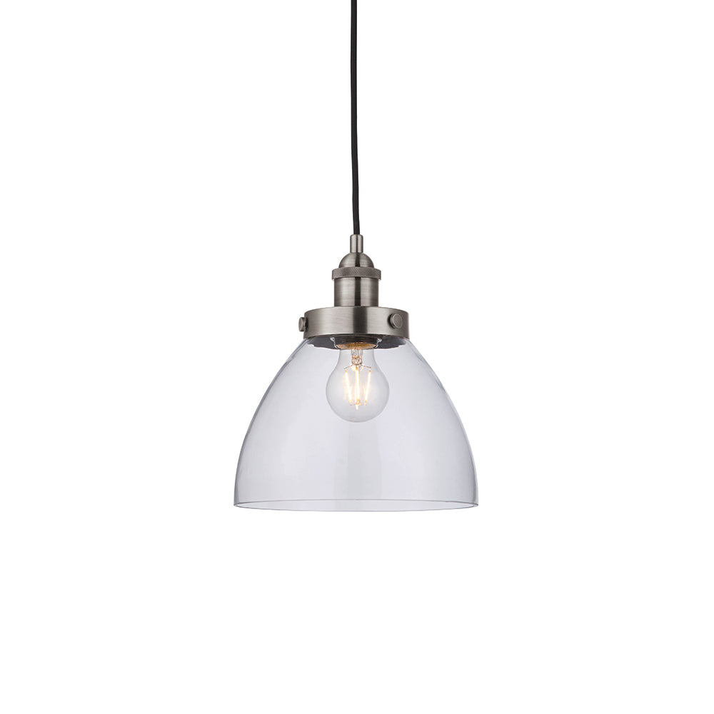Endon Lighting 91738 Hansen 1Lt Pendant Brushed Silver Paint & Clear Glass
