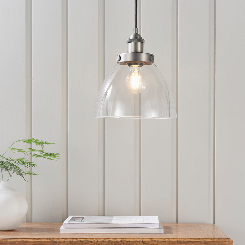 Endon Lighting 91738 Hansen 1Lt Pendant Brushed Silver Paint & Clear Glass