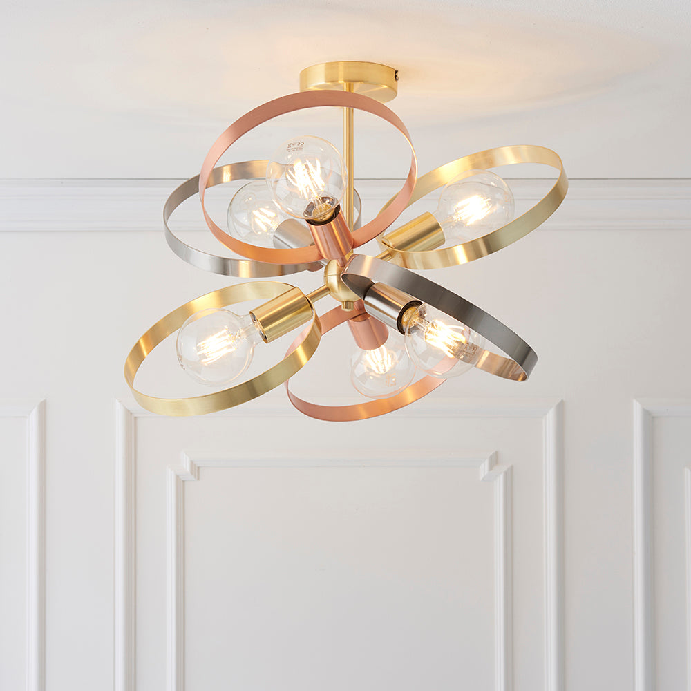 Endon Lighting 91935 Hoop 6Lt Semi Flush Satin Brass & Brushed Copper Plate