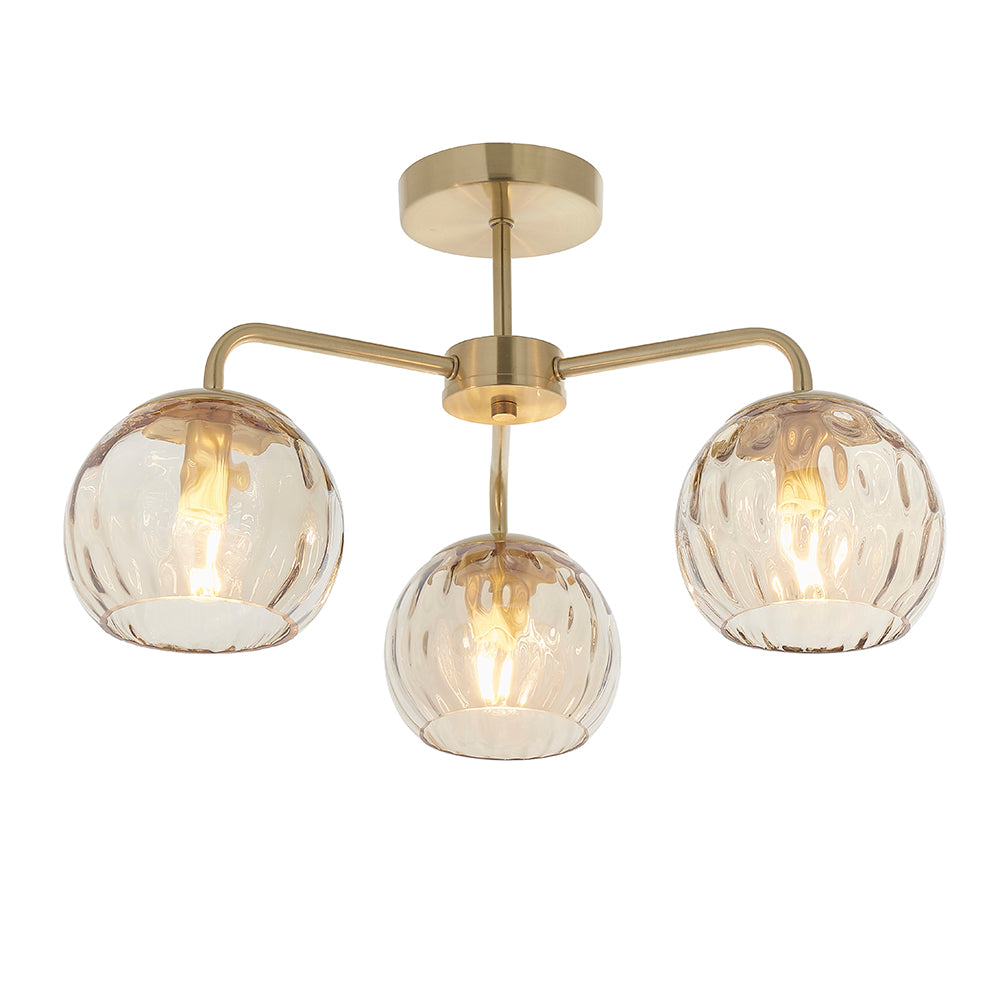Endon Lighting 91968 Dimple 3Lt Semi Flush Satin Brass Plate & Champagne Lustre Glass