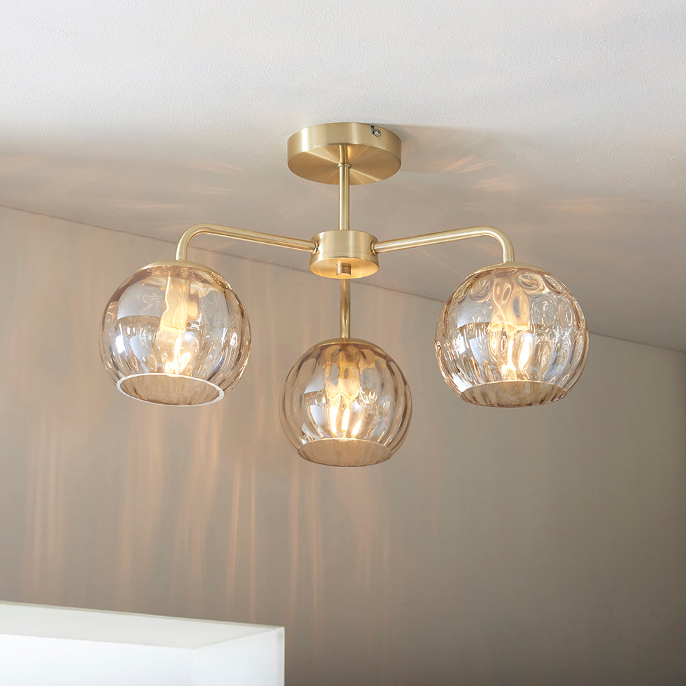 Endon Lighting 91968 Dimple 3Lt Semi Flush Satin Brass Plate & Champagne Lustre Glass