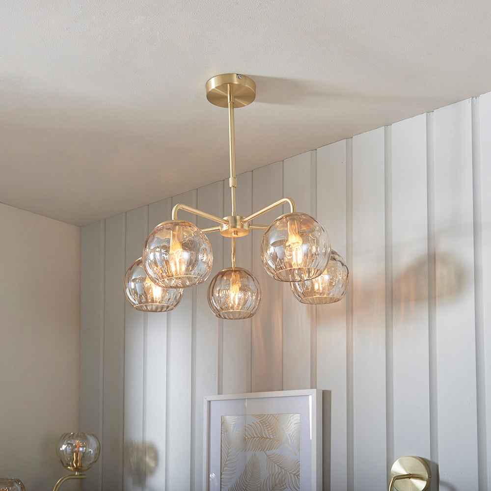 Endon Lighting 91969 Dimple 5Lt Pendant Satin Brass Plate & Champagne Lustre Glass