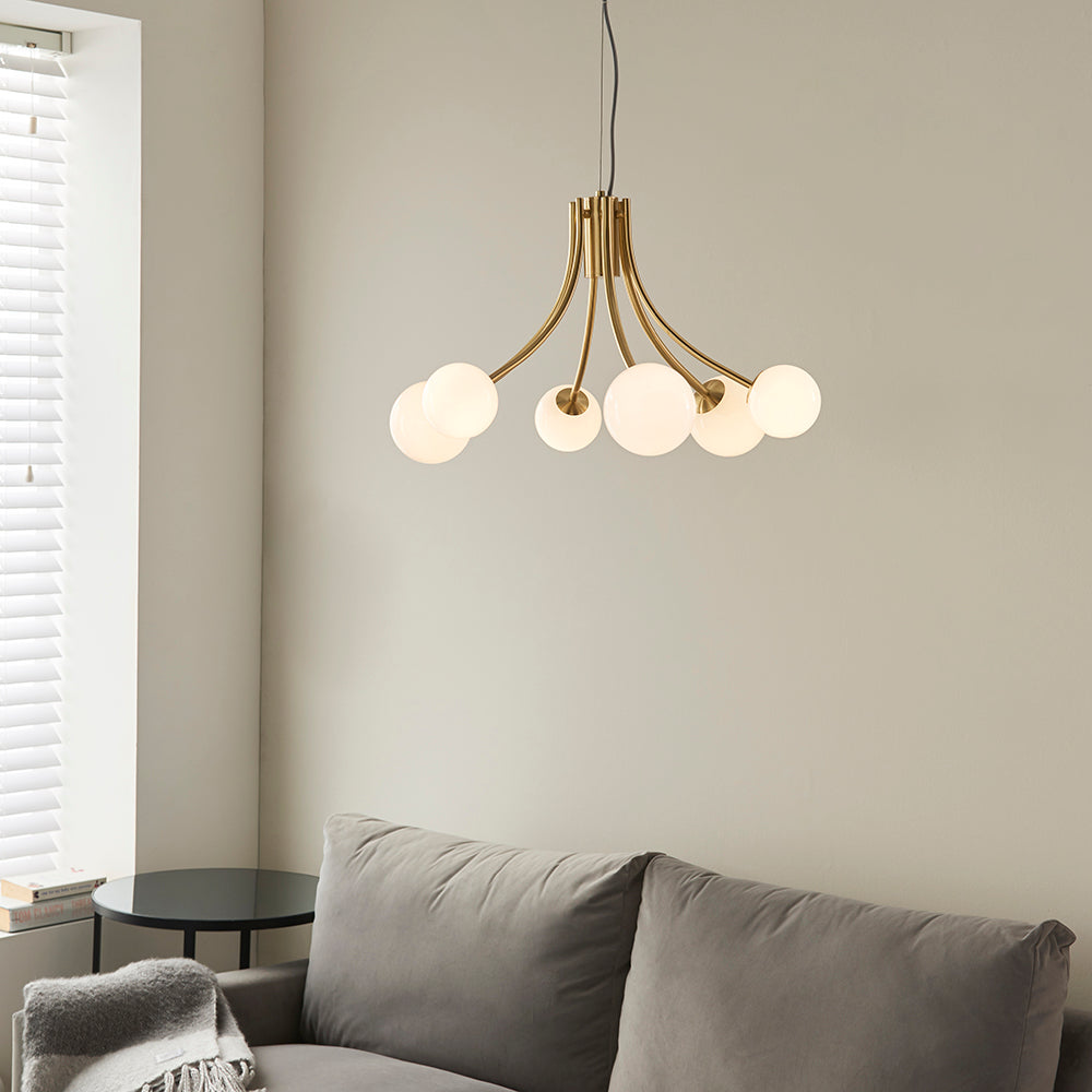 Endon Lighting 92217 Bloom 6Lt Pendant Satin Brass Plate & Opal Glass