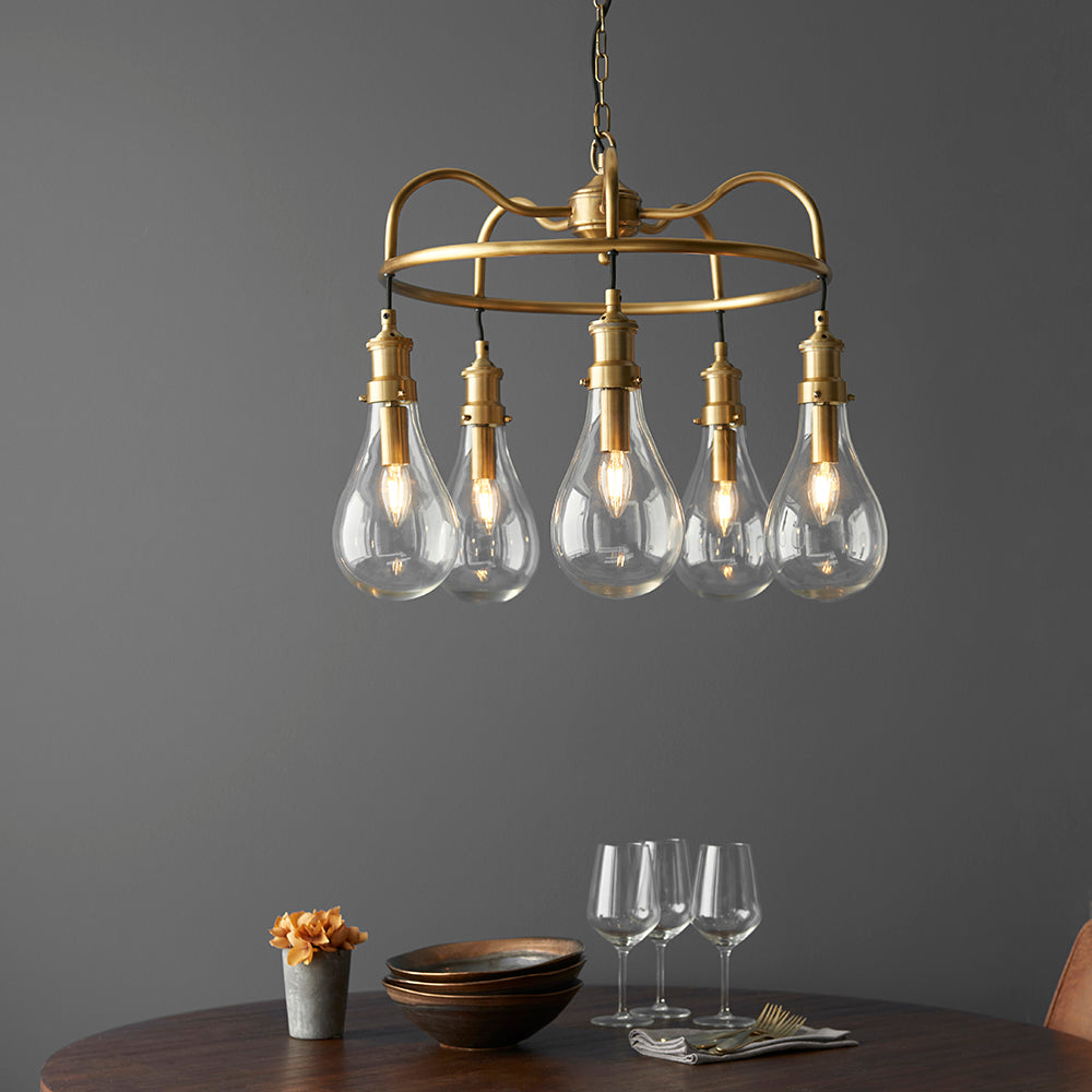 Endon Lighting 93152 Hadassa 5Lt Pendant Antique Brass Plate & Clear Glass
