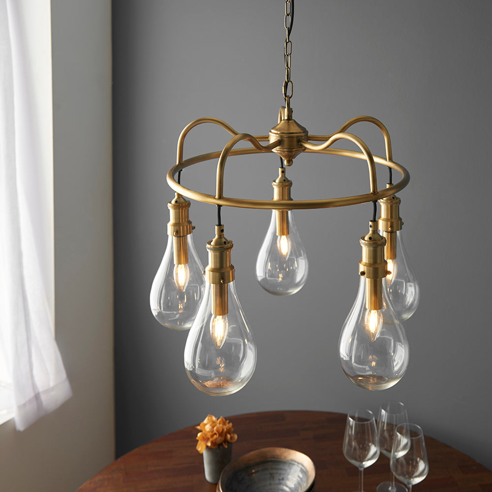Endon Lighting 93152 Hadassa 5Lt Pendant Antique Brass Plate & Clear Glass