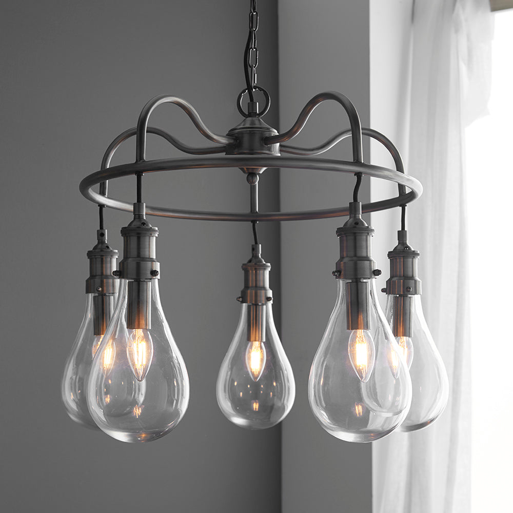 Endon Lighting 93433 Hadassa 5Lt Pendant Antique Nickel Plate & Clear Glass