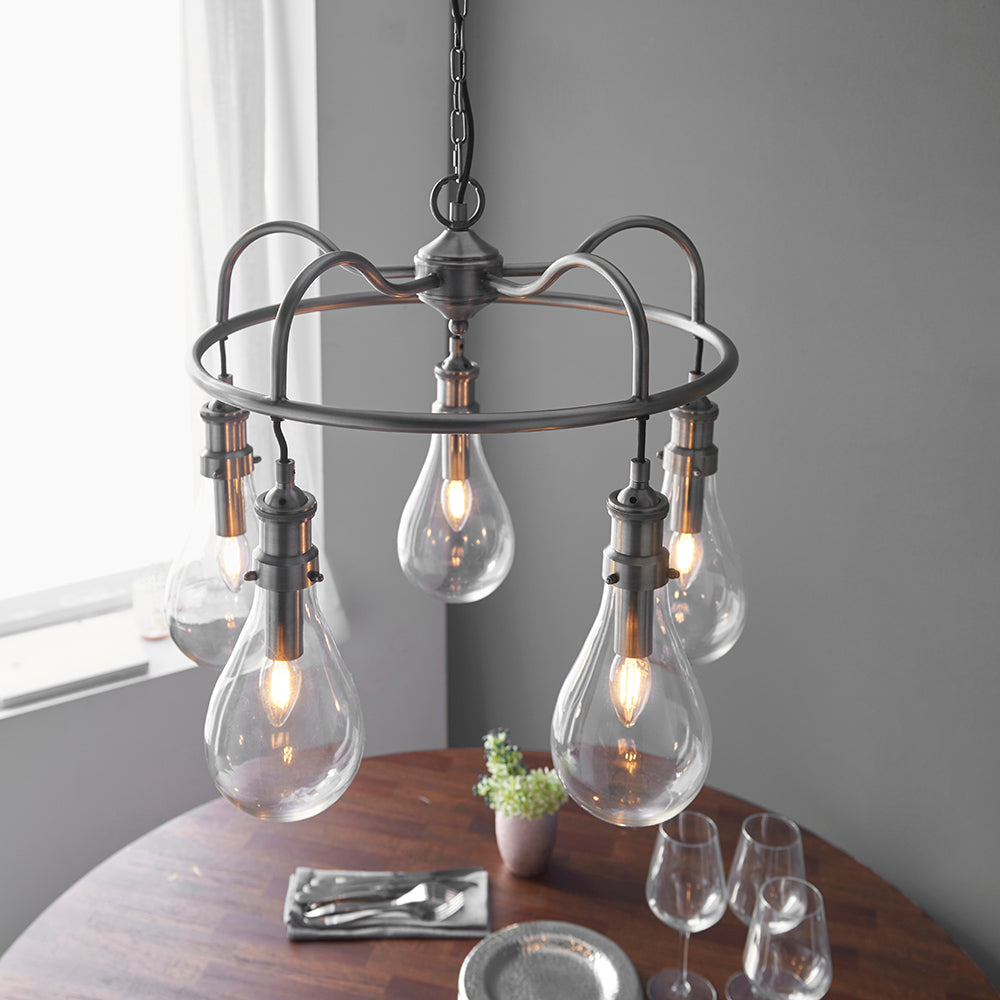Endon Lighting 93433 Hadassa 5Lt Pendant Antique Nickel Plate & Clear Glass