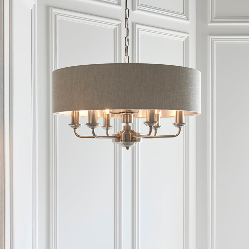 Endon Lighting 94357 Highclere 6Lt Pendant Brushed Chrome Plate & Natural Linen