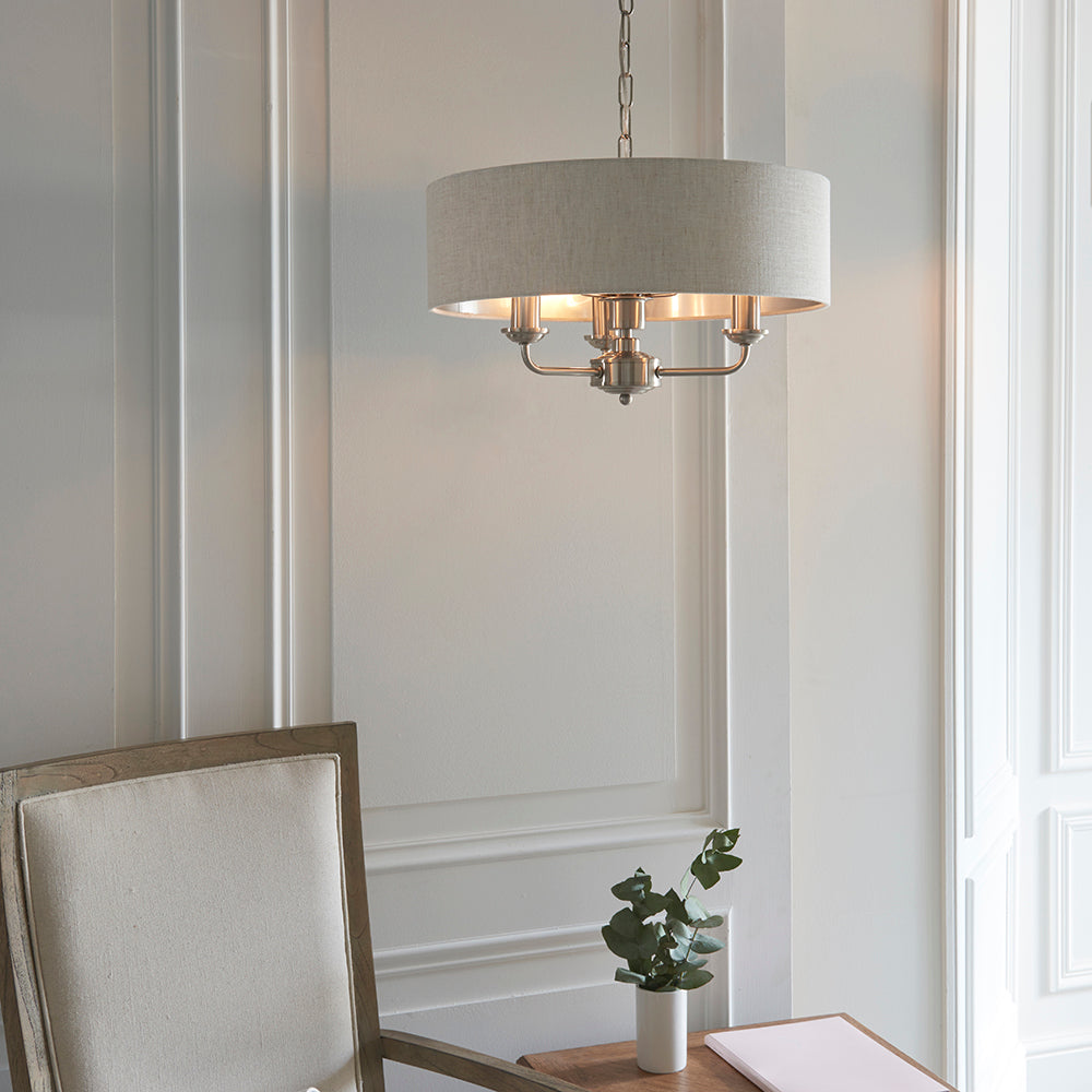 Endon Lighting 94361 Highclere 3Lt Pendant Brushed Chrome Plate & Natural Linen