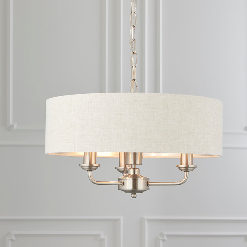 Endon Lighting 94361 Highclere 3Lt Pendant Brushed Chrome Plate & Natural Linen