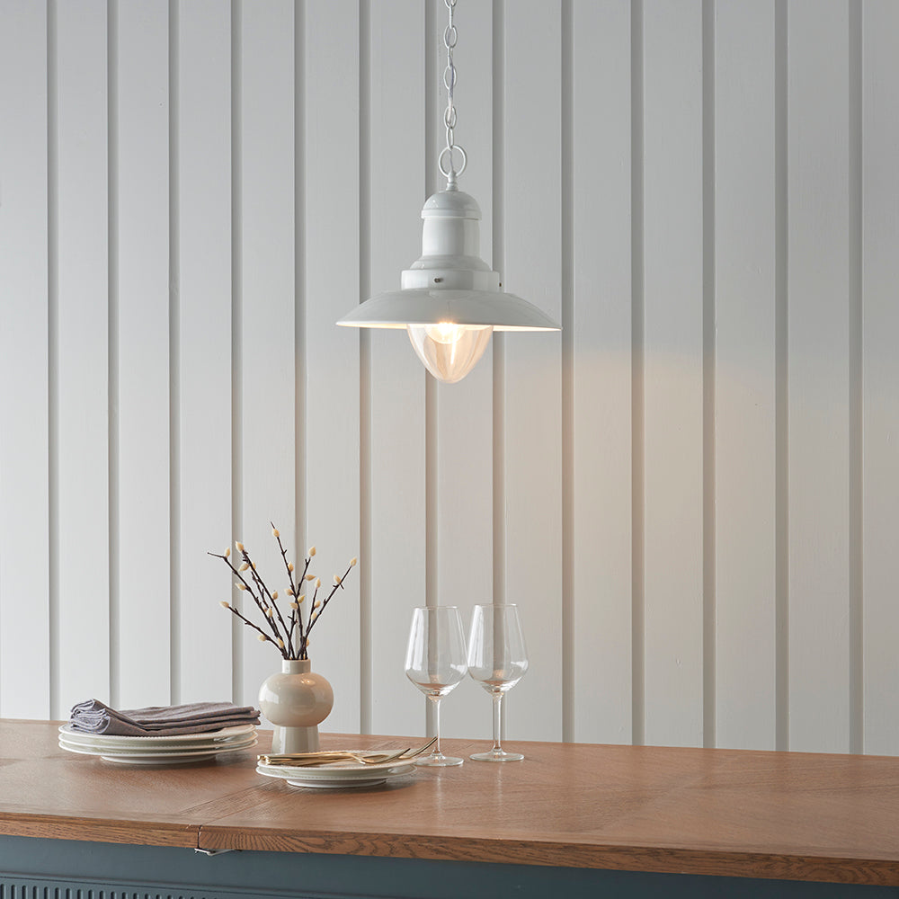 Endon Lighting 94371 Polperro 1Lt Pendant Gloss Cream & Clear Glass