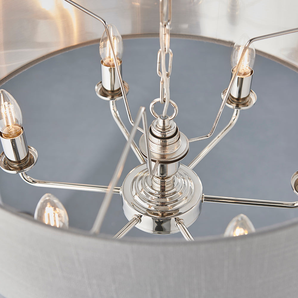 Endon Lighting 94373 Highclere 6Lt Pendant Bright Nickel Plate & Charcoal Fabric