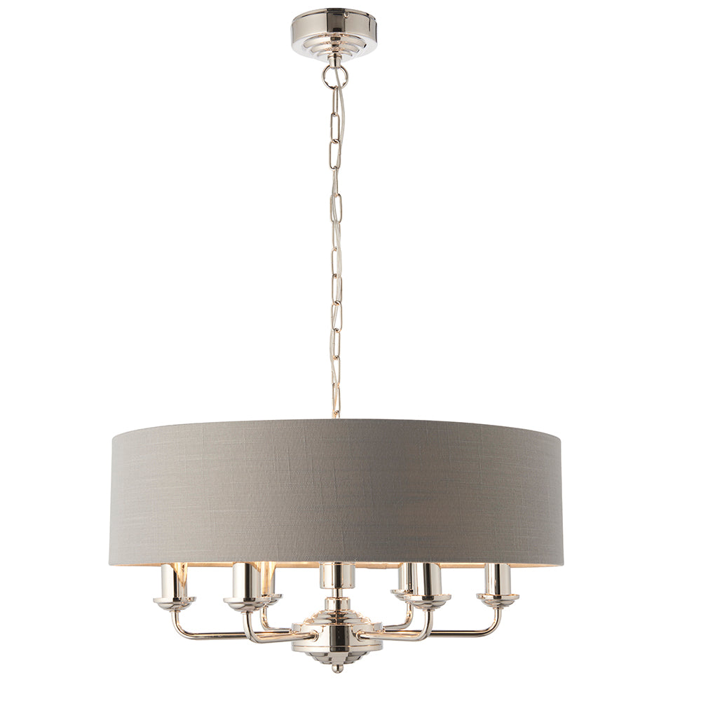 Endon Lighting 94373 Highclere 6Lt Pendant Bright Nickel Plate & Charcoal Fabric