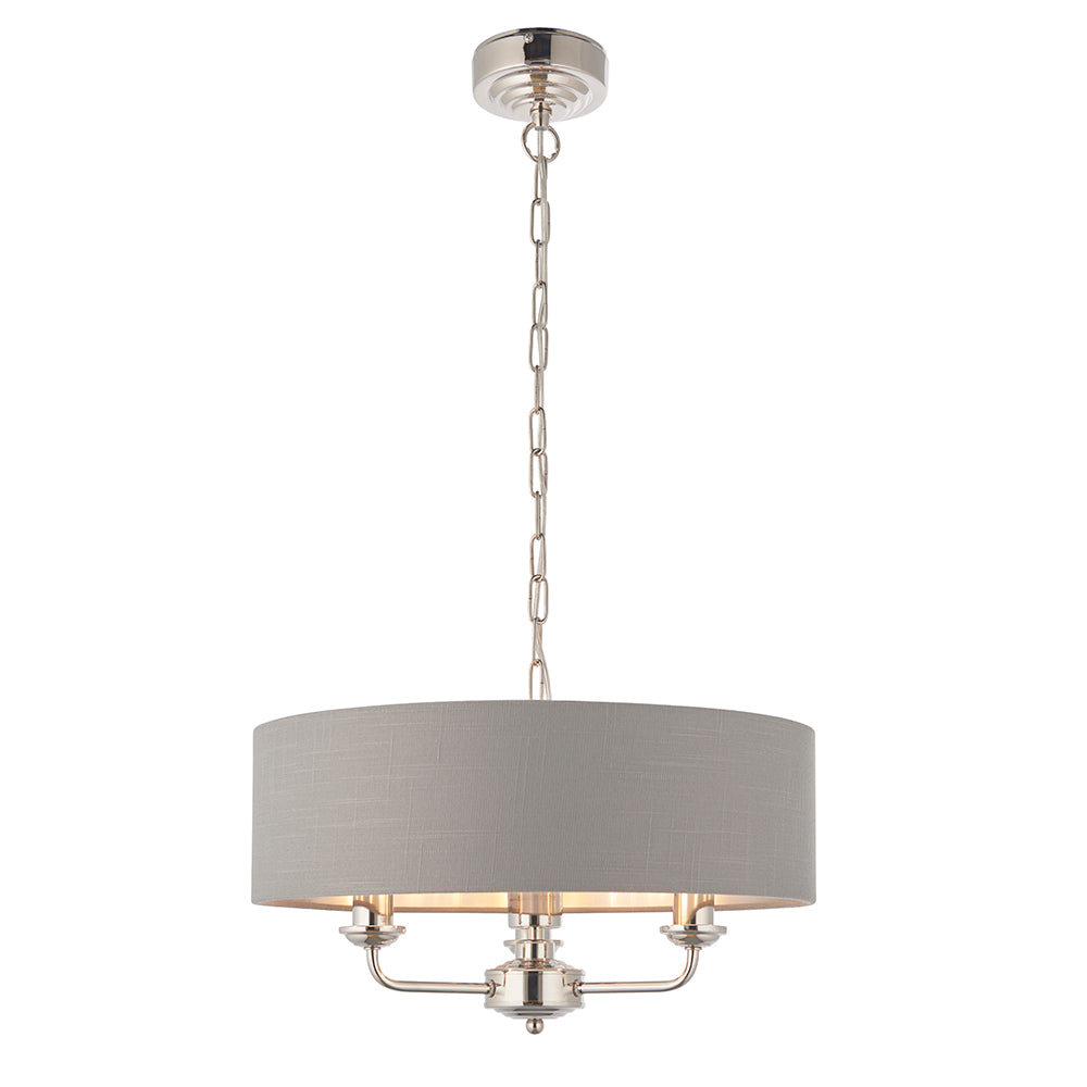 Endon Lighting 94377 Highclere 3Lt Pendant Bright Nickel Plate & Charcoal Fabric