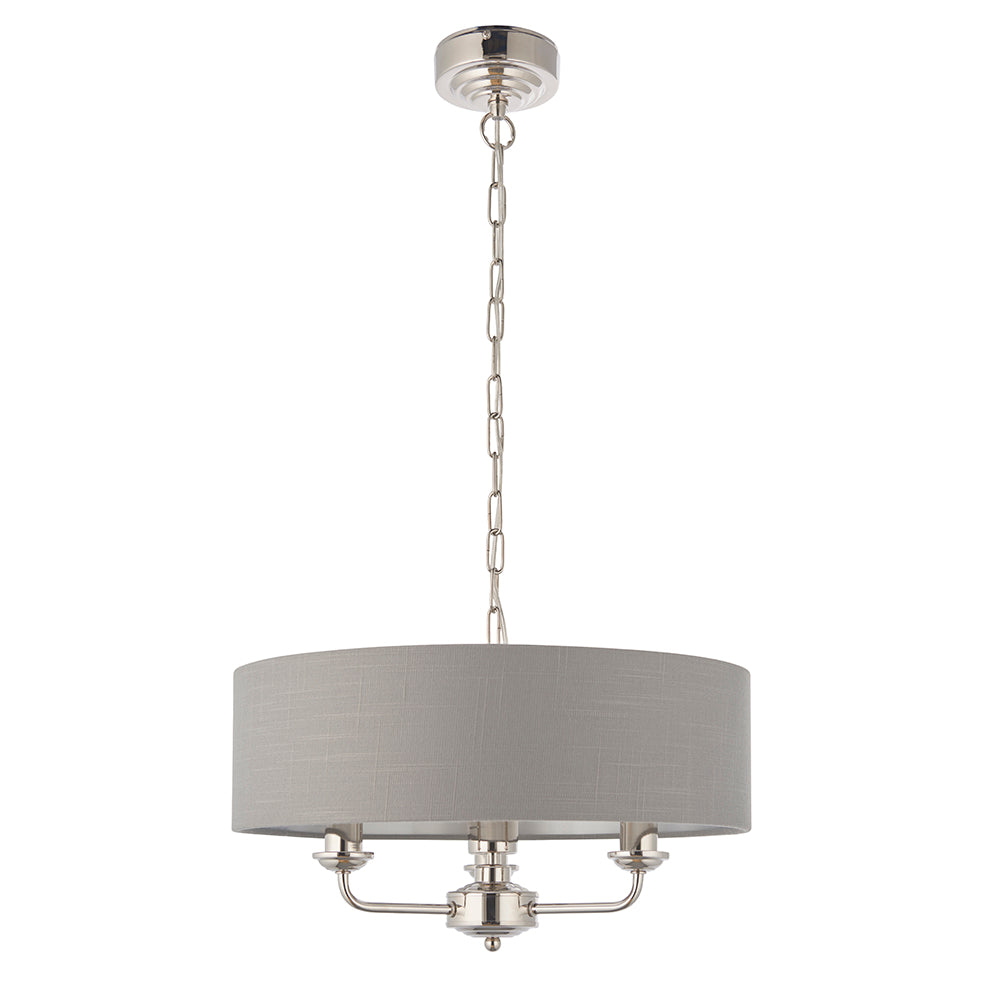 Endon Lighting 94377 Highclere 3Lt Pendant Bright Nickel Plate & Charcoal Fabric