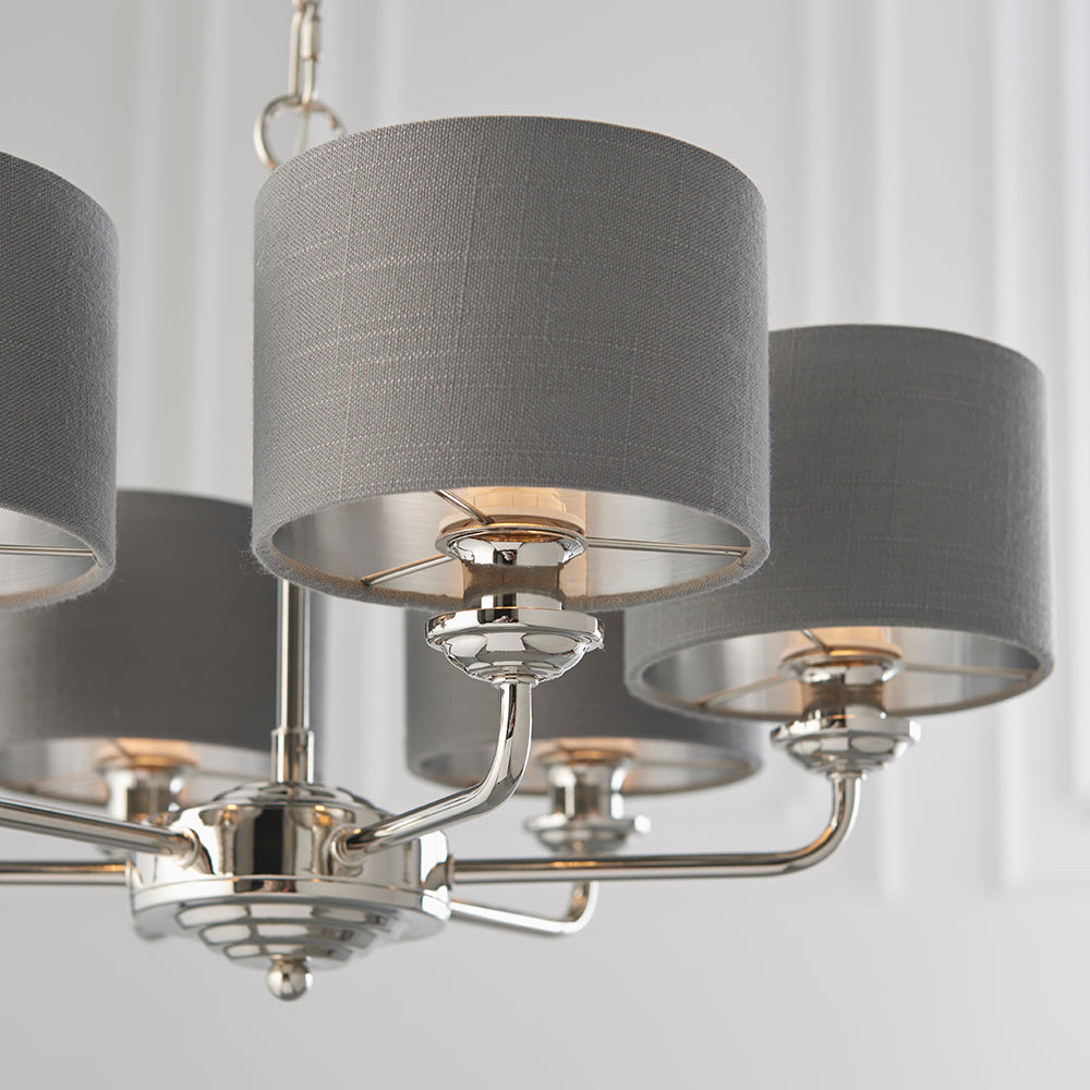 Endon Lighting 94381 Highclere 6Lt Pendant Bright Nickel Plate & Charcoal Fabric