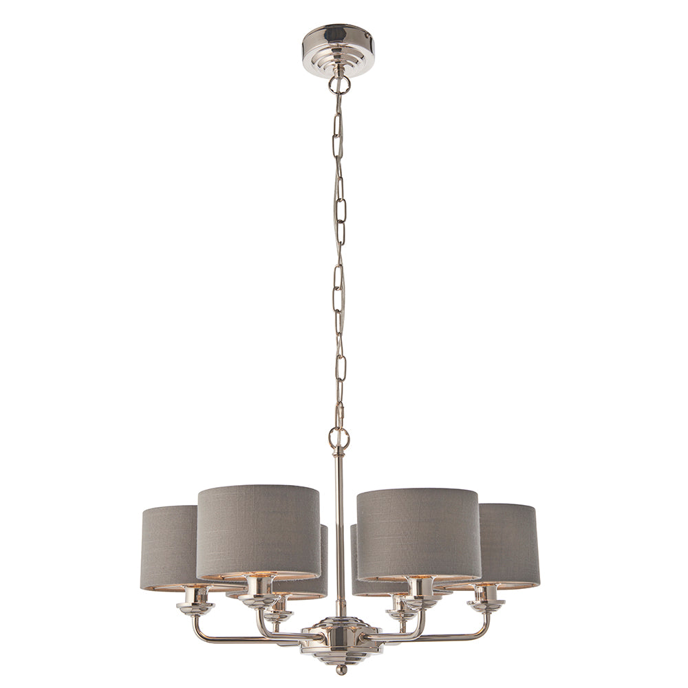 Endon Lighting 94381 Highclere 6Lt Pendant Bright Nickel Plate & Charcoal Fabric