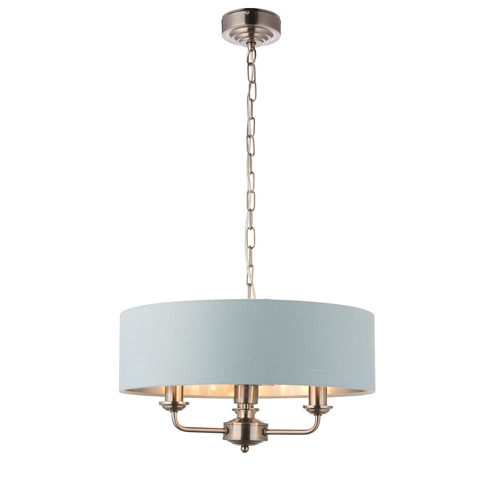 Endon Lighting 94385 Highclere 3Lt Pendant Brushed Chrome Plate & Duck Egg Fabric