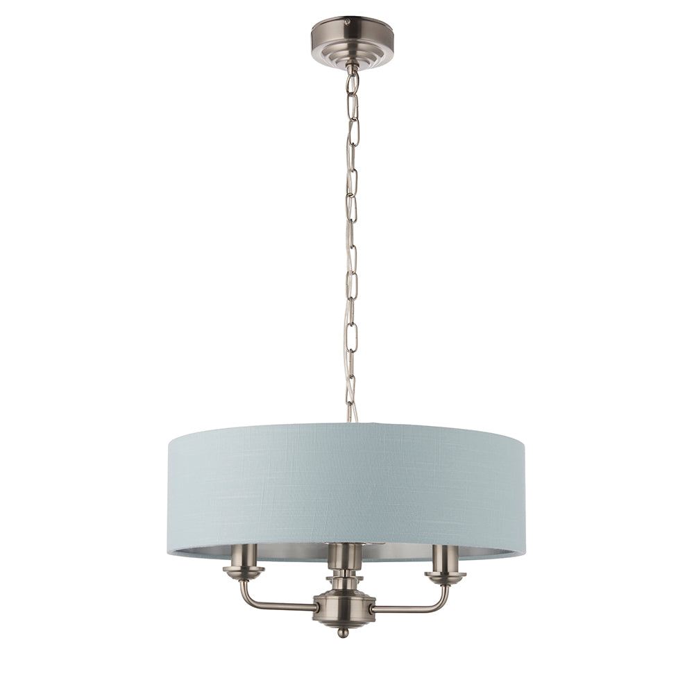 Endon Lighting 94385 Highclere 3Lt Pendant Brushed Chrome Plate & Duck Egg Fabric