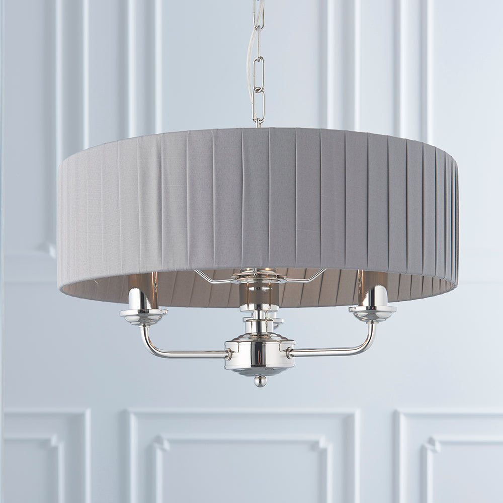 Endon Lighting 94394 Highclere 3Lt Pendant Bright Nickel Plate & Charcoal Fabric