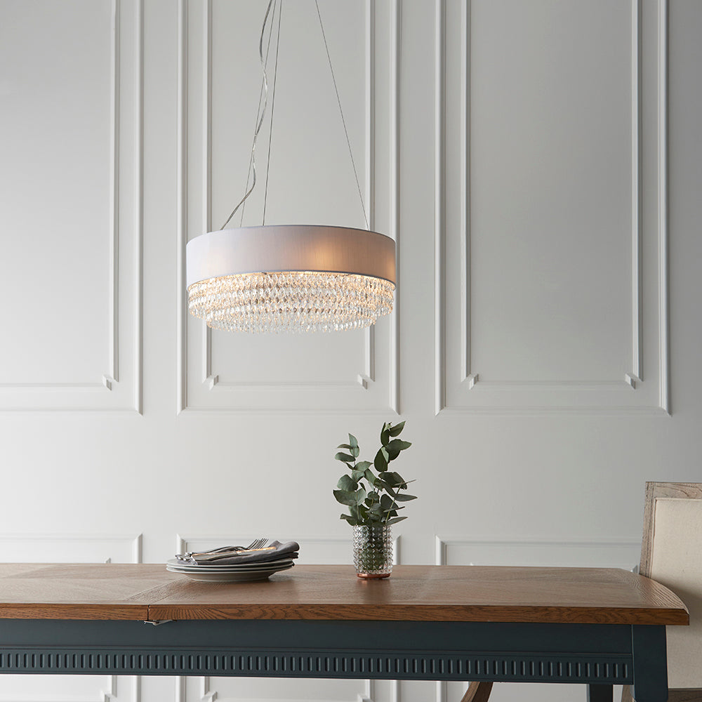 Endon Lighting 94396 Malmesbury 6Lt Pendant Silver Grey Fabric, Clear Glass & Chrome Plate