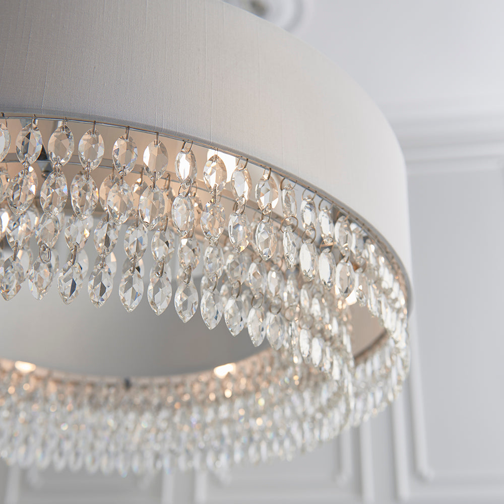 Endon Lighting 94396 Malmesbury 6Lt Pendant Silver Grey Fabric, Clear Glass & Chrome Plate