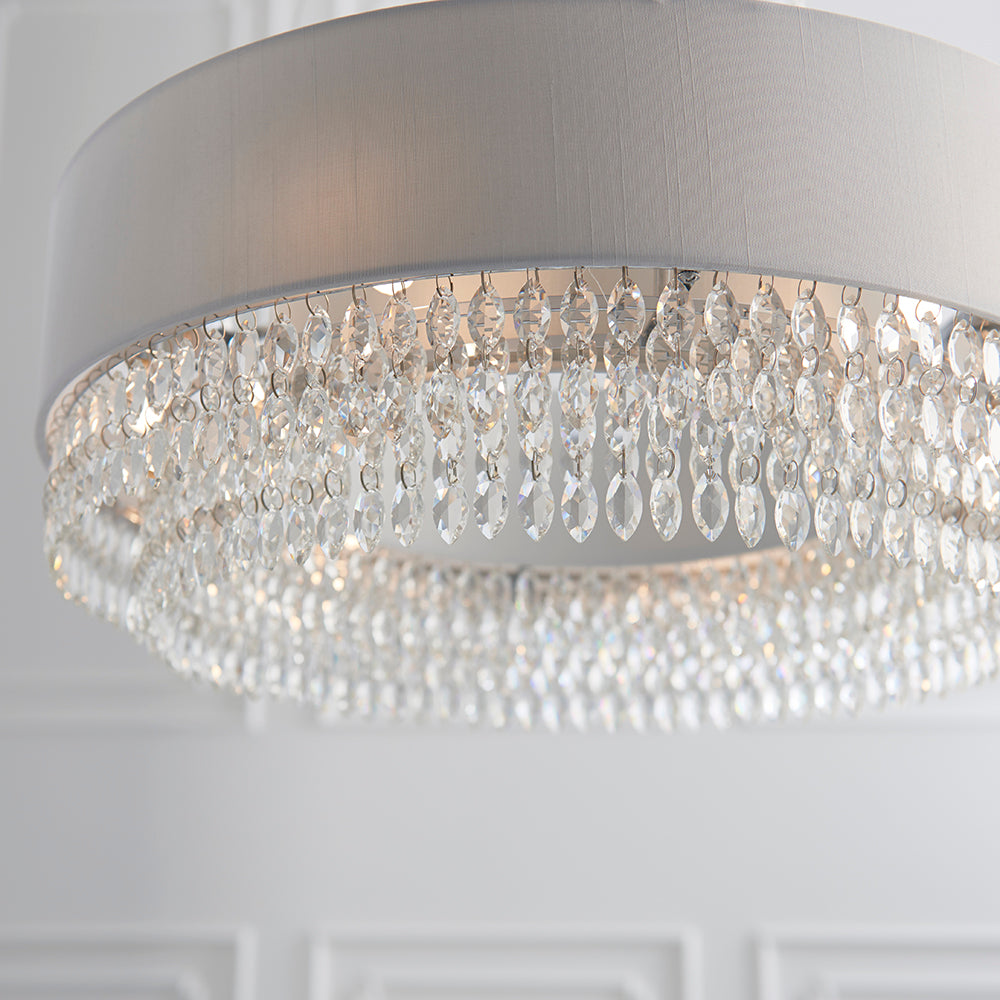 Endon Lighting 94396 Malmesbury 6Lt Pendant Silver Grey Fabric, Clear Glass & Chrome Plate