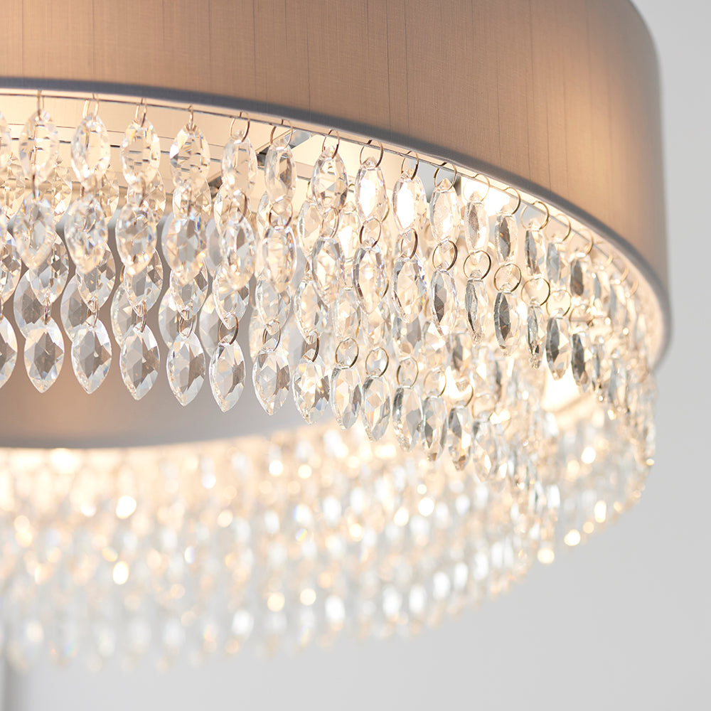 Endon Lighting 94396 Malmesbury 6Lt Pendant Silver Grey Fabric, Clear Glass & Chrome Plate