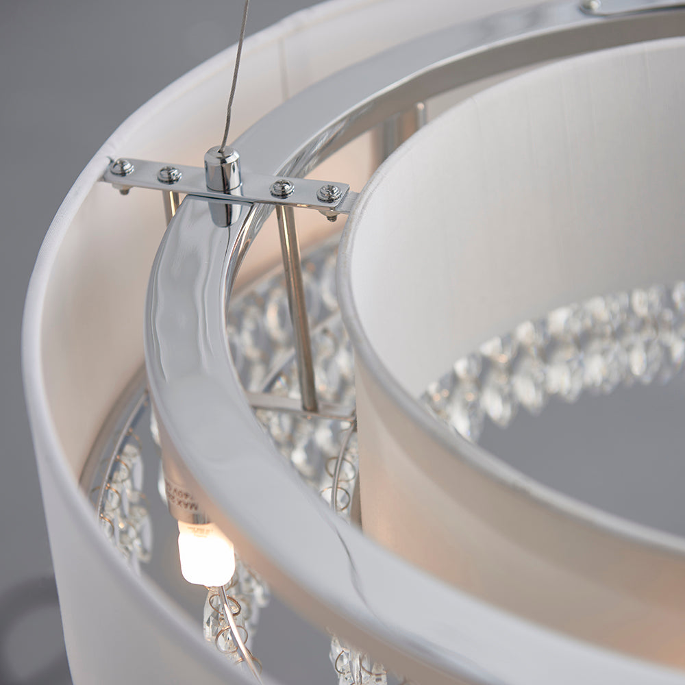 Endon Lighting 94396 Malmesbury 6Lt Pendant Silver Grey Fabric, Clear Glass & Chrome Plate
