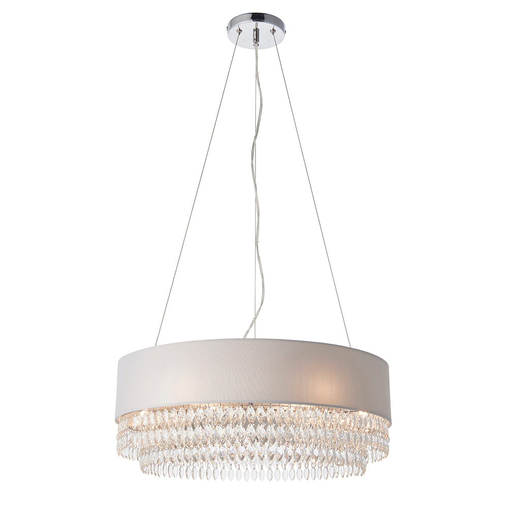 Endon Lighting 94396 Malmesbury 6Lt Pendant Silver Grey Fabric, Clear Glass & Chrome Plate