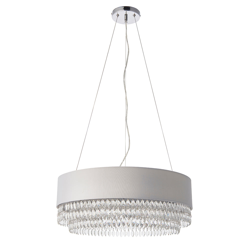 Endon Lighting 94396 Malmesbury 6Lt Pendant Silver Grey Fabric, Clear Glass & Chrome Plate