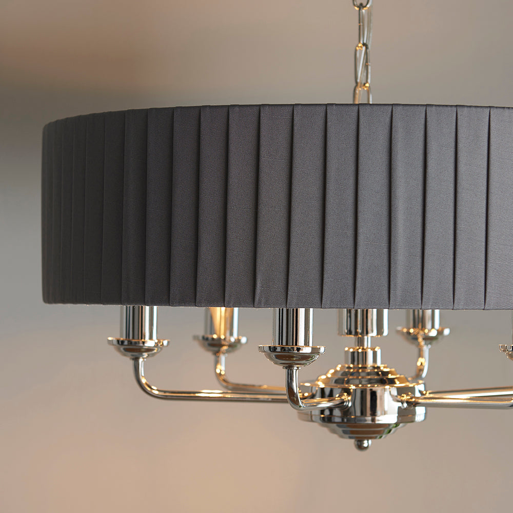 Endon Lighting 94397 Highclere 6Lt Pendant Bright Nickel Plate & Charcoal Fabric