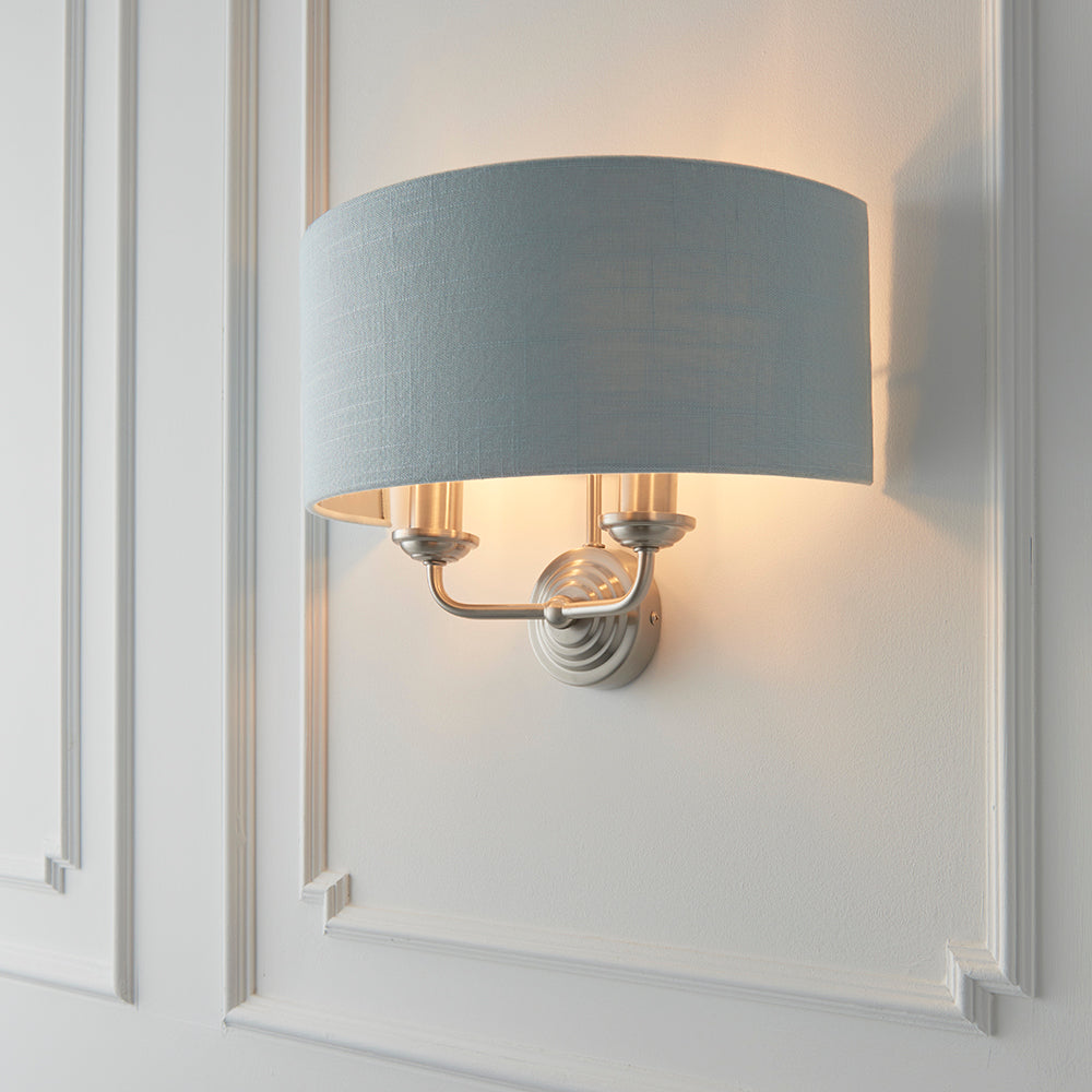 Endon Lighting 94401 Highclere 2Lt Wall Brushed Chrome Plate & Duck Egg Fabric