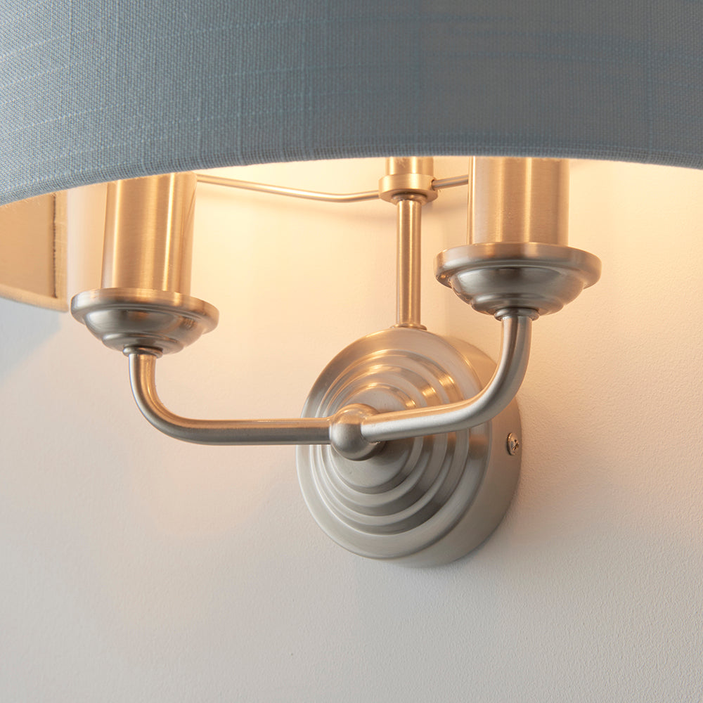 Endon Lighting 94401 Highclere 2Lt Wall Brushed Chrome Plate & Duck Egg Fabric