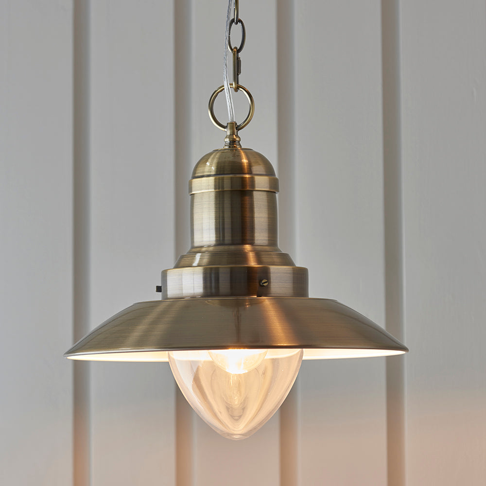 Endon Lighting 94405 Polperro 1Lt Pendant Antique Brass Plate & Gloss White