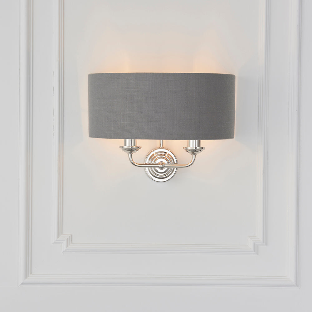 Endon Lighting 94406 Highclere 2Lt Wall Bright Nickel Plate & Charcoal Fabric