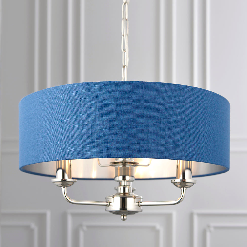 Endon Lighting 94414 Highclere 3Lt Pendant Bright Nickel Plate & Midnight Blue Fabric